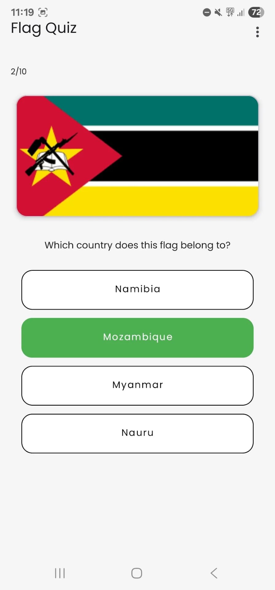 Flag Quiz learn mode screen