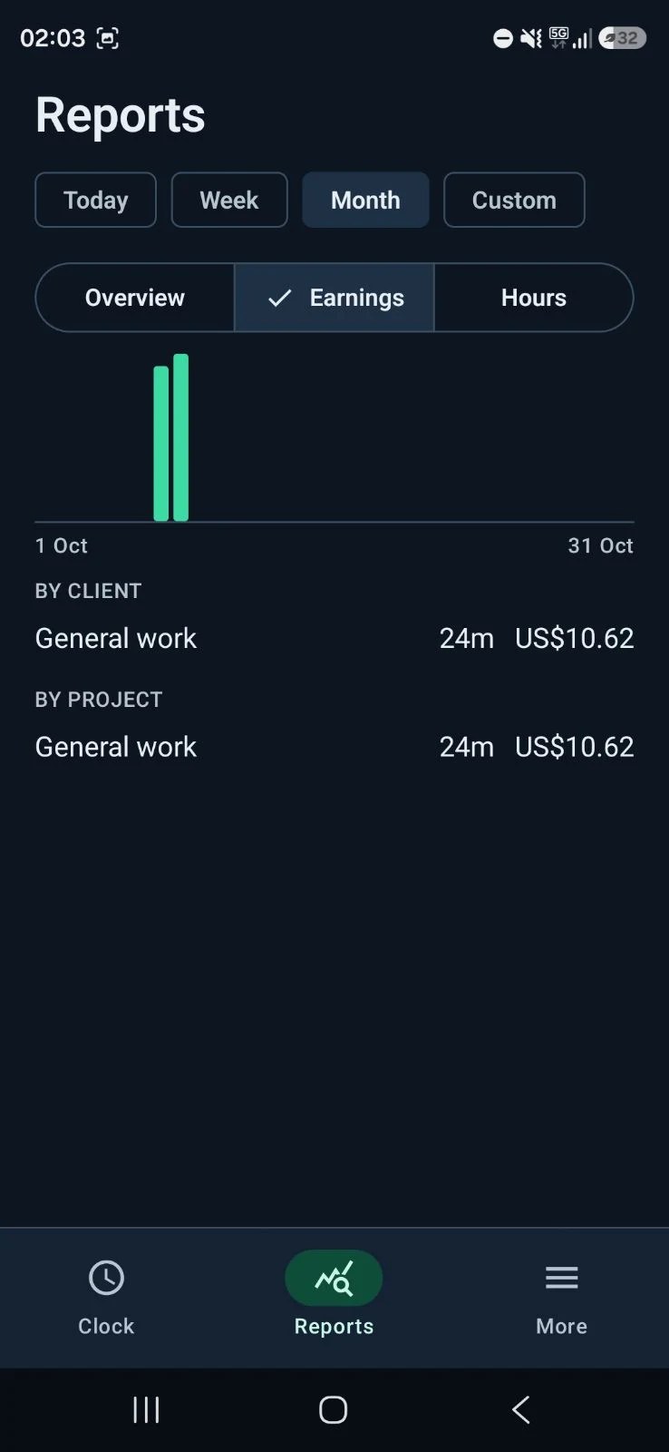 Freelance Clock settings screen