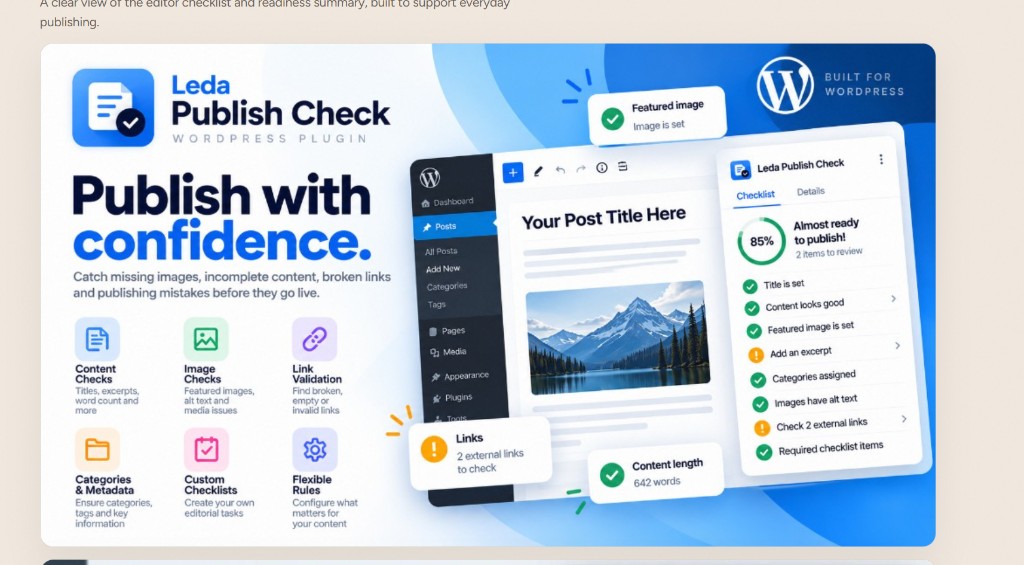 Leda Publish Check feature graphic for WordPress