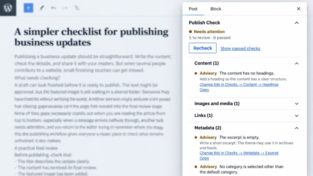 Leda Publish Check in the WordPress editor checklist panel